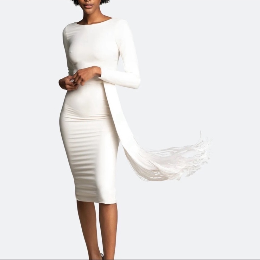 Dress The Population Caro Long-Sleeve Fringe-Belt Sheath Dress Size Medium